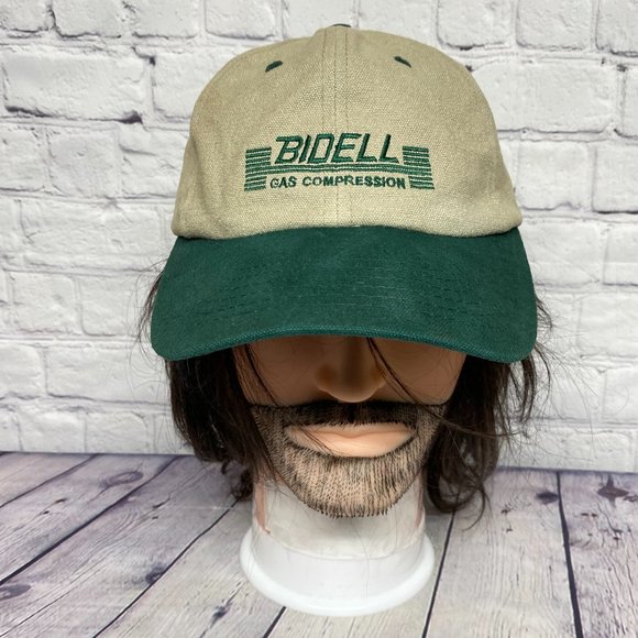 Vintage Hat Cap Strap Back Brown Green BIDELL Gas Compression Embroidered Logo - Picture 1 of 9